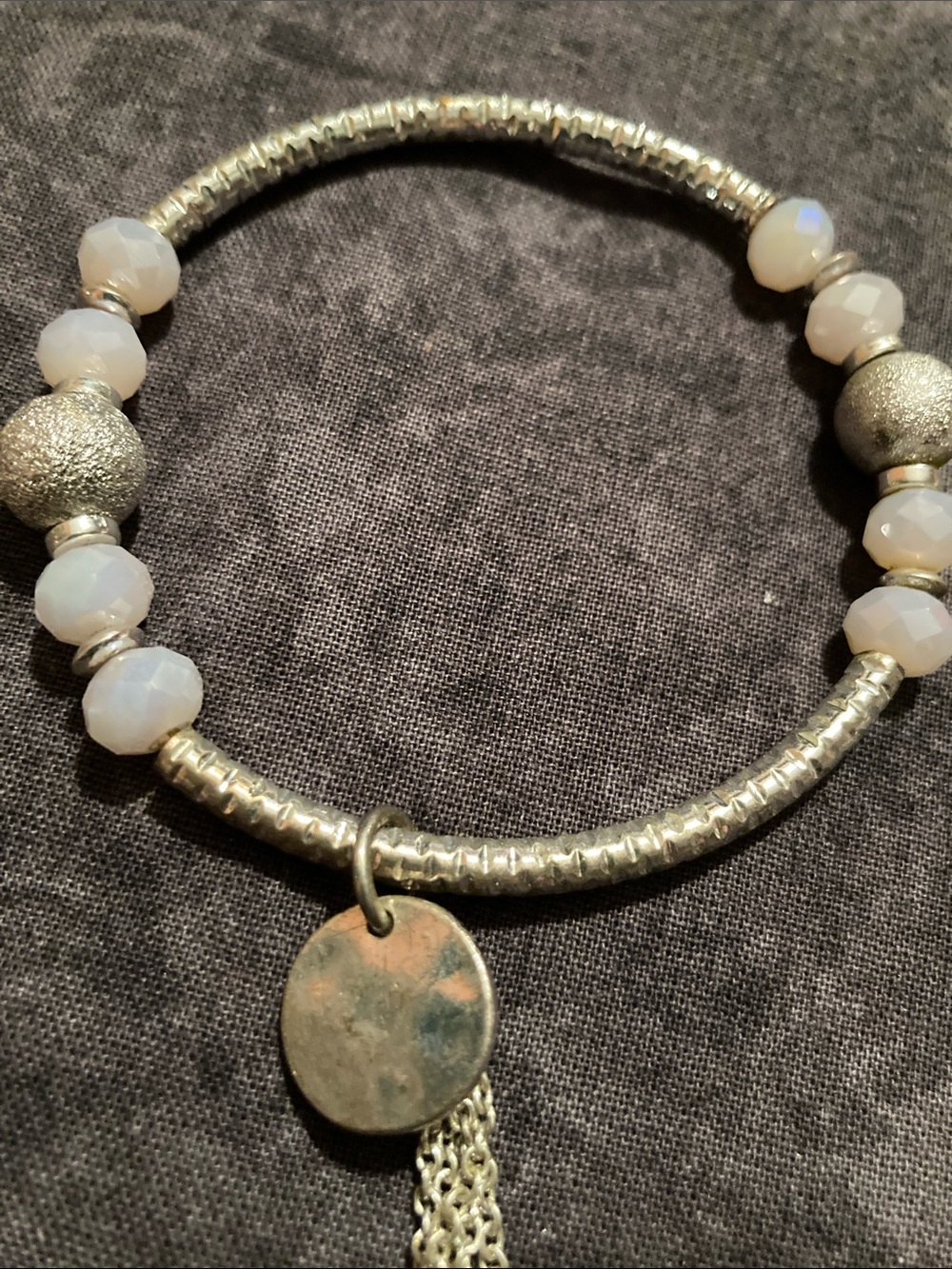 Silver-Tone Beaded Charm Bracelet with Opalescent Beads